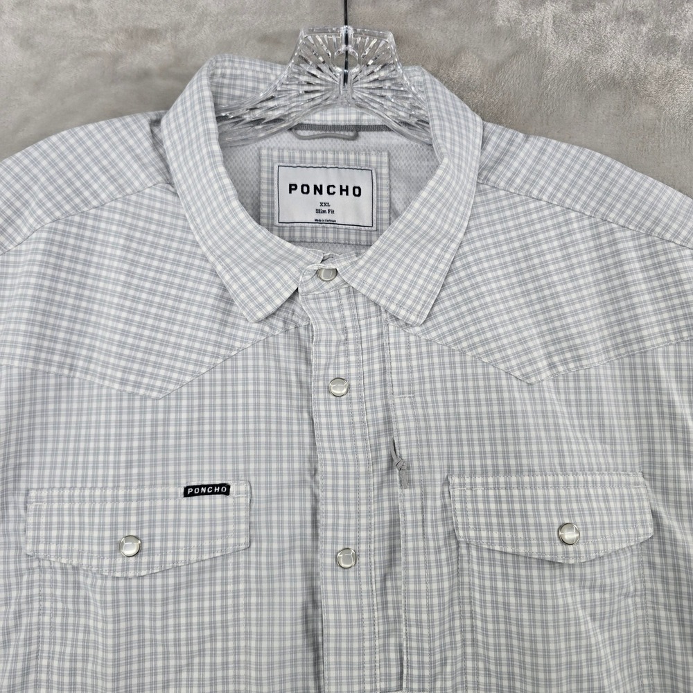 Poncho Shirt Mens XXL Slim Gray Plaid Short Sleeve Western Pearl Snap Tech
